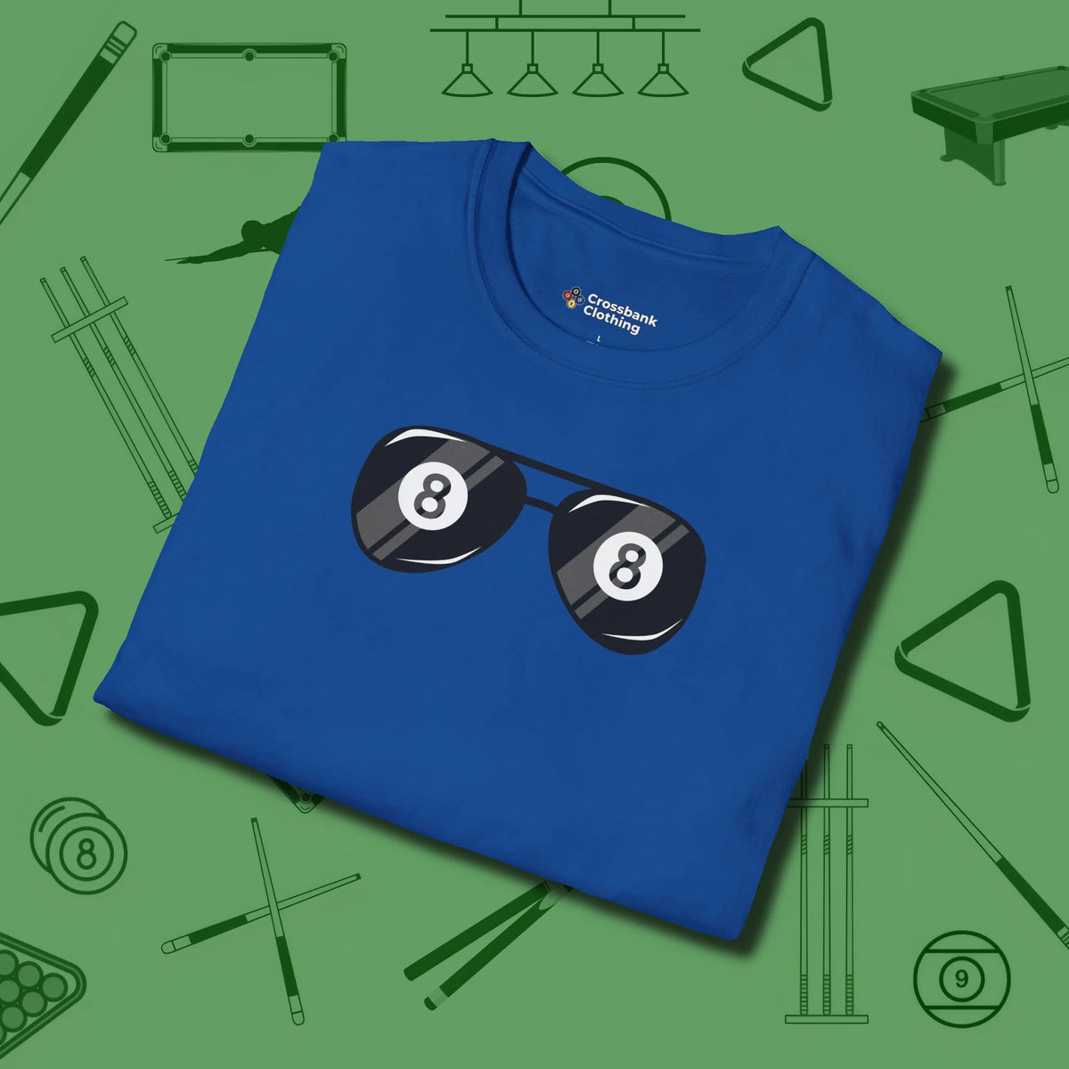 Eight Ball Shades T-Shirt, folded view, in Royal like your stroke — smooth and deliberate