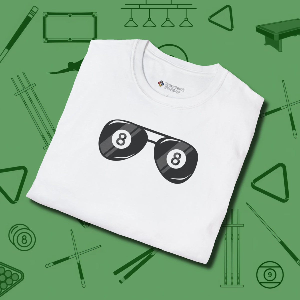 Eight Ball Shades T-Shirt, folded view, in White because the table is your battlefield