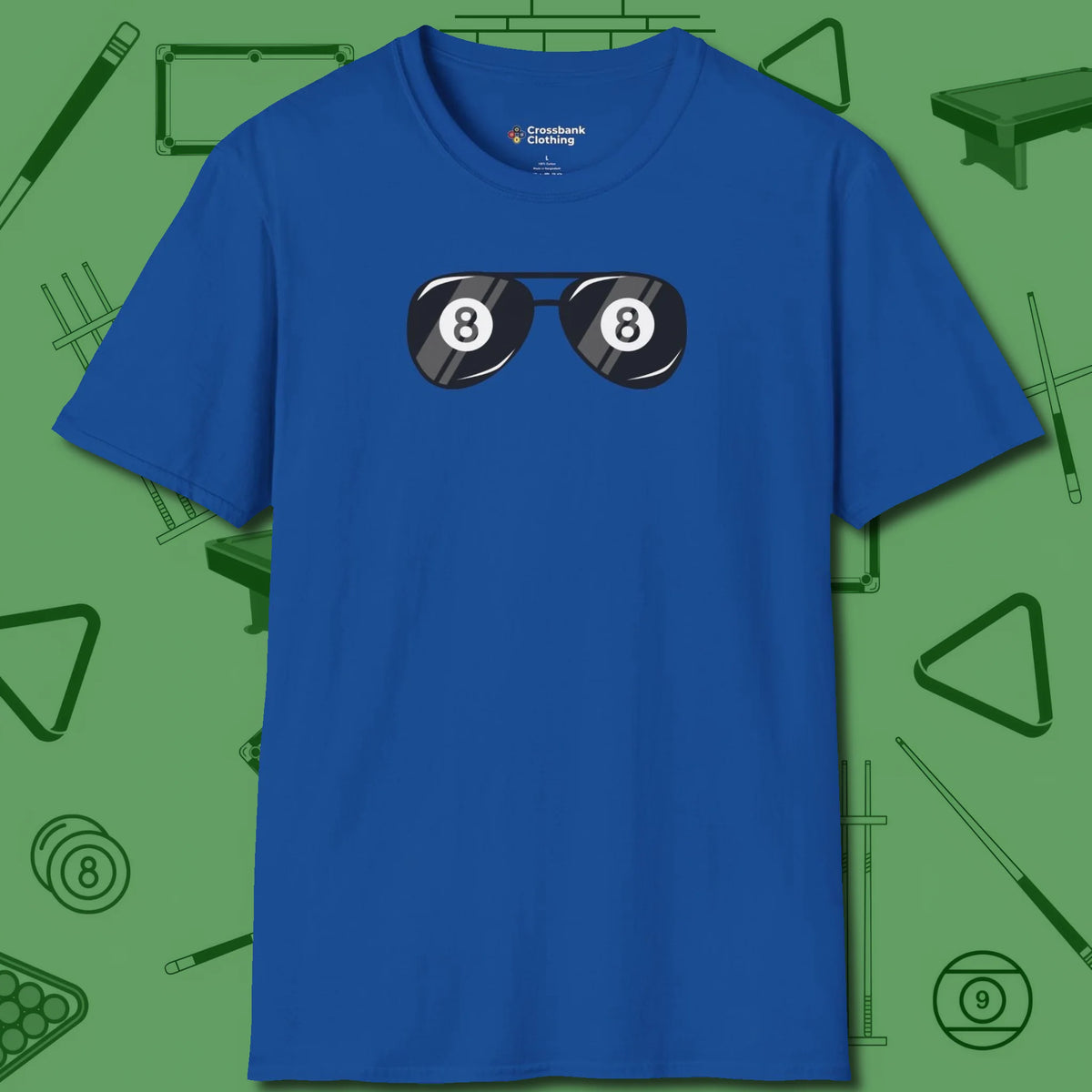 Eight Ball Shades T-Shirt, front view, in Royal your secret weapon off the table