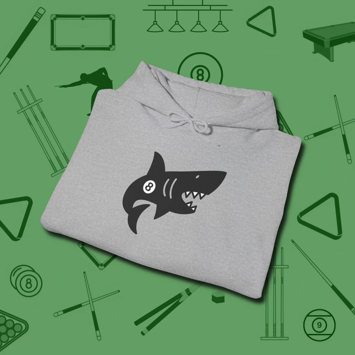 Eight Ball Shark Hoodie, folded view, in Sport Grey your go-to shirt for league night victories