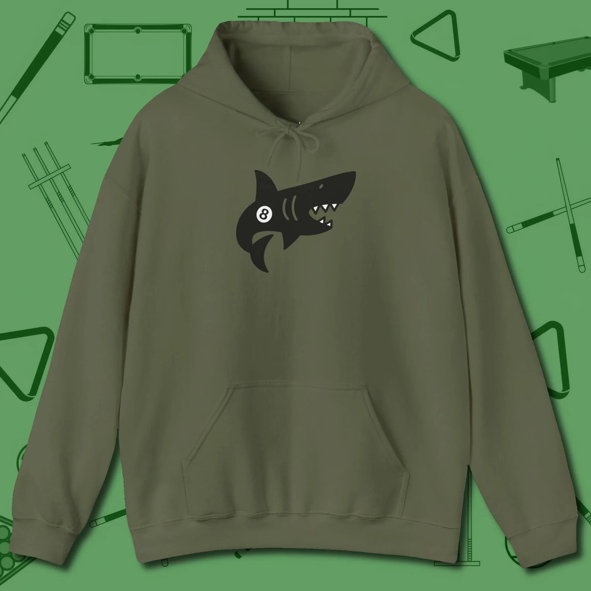 Eight Ball Shark Hoodie, front view, in Military Green precise, confident, always in control
