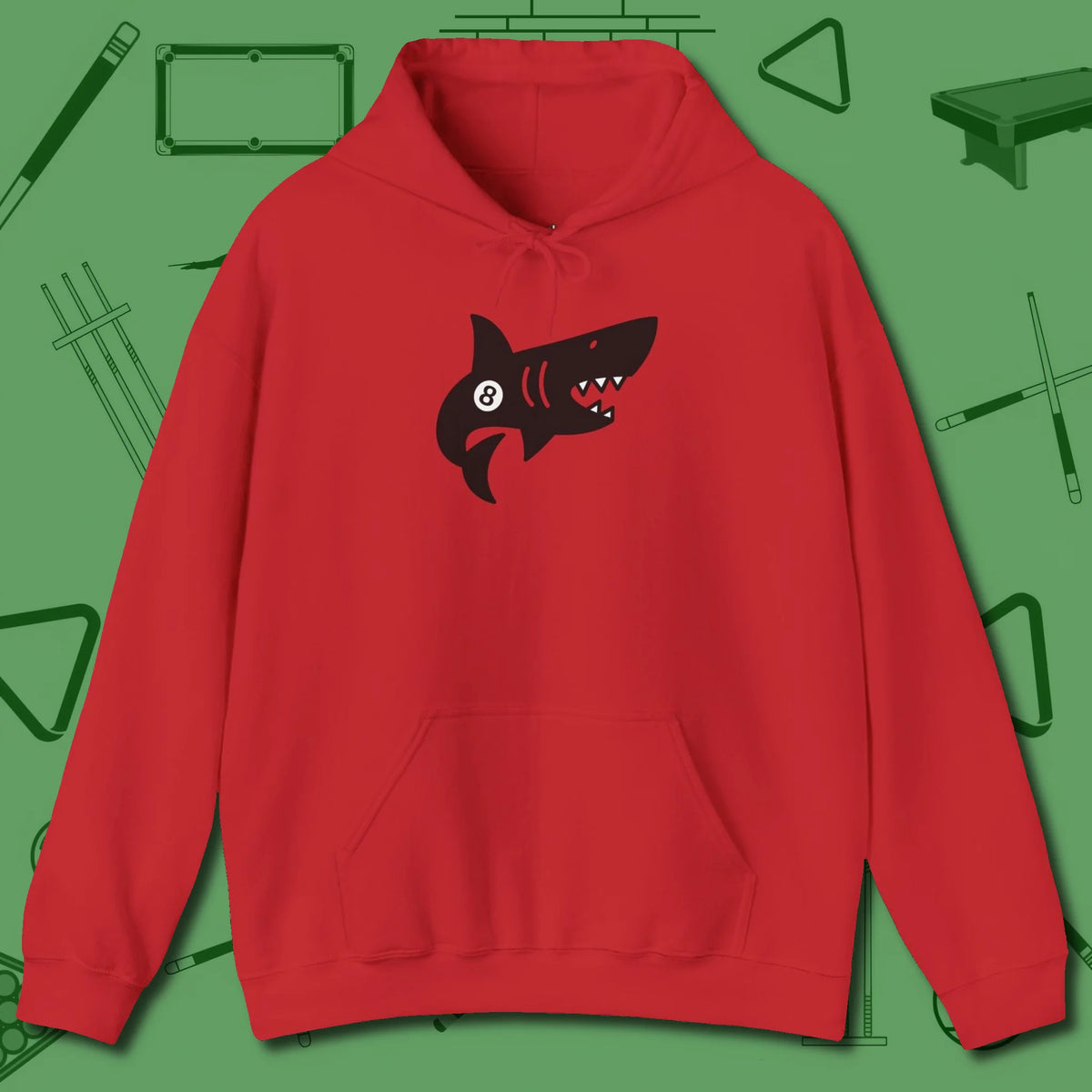 Eight Ball Shark Hoodie, front view, in Red styled to dominate from rack to run-out