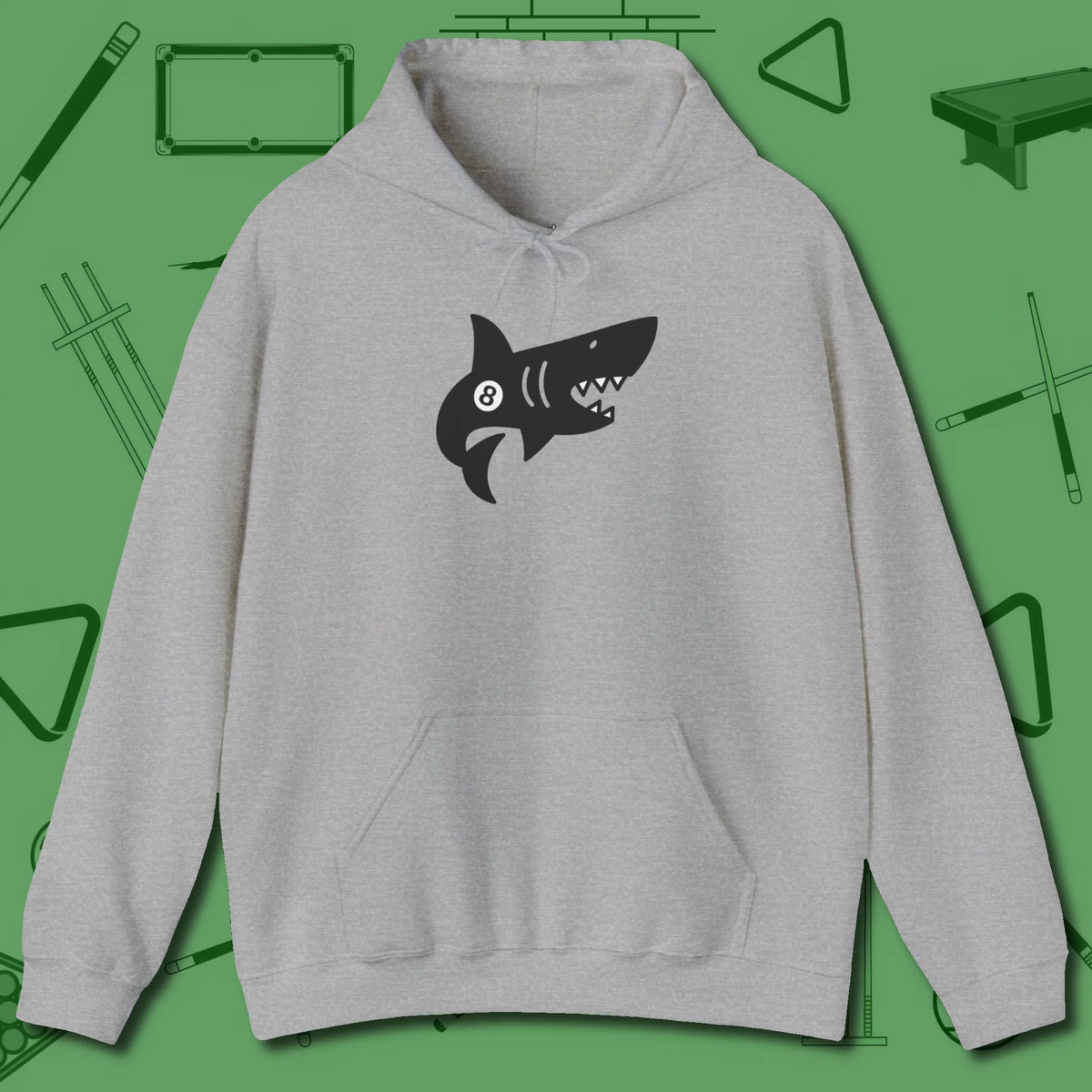 Eight Ball Shark Hoodie, front view, in Sport Grey break, run out, turn heads — repeat