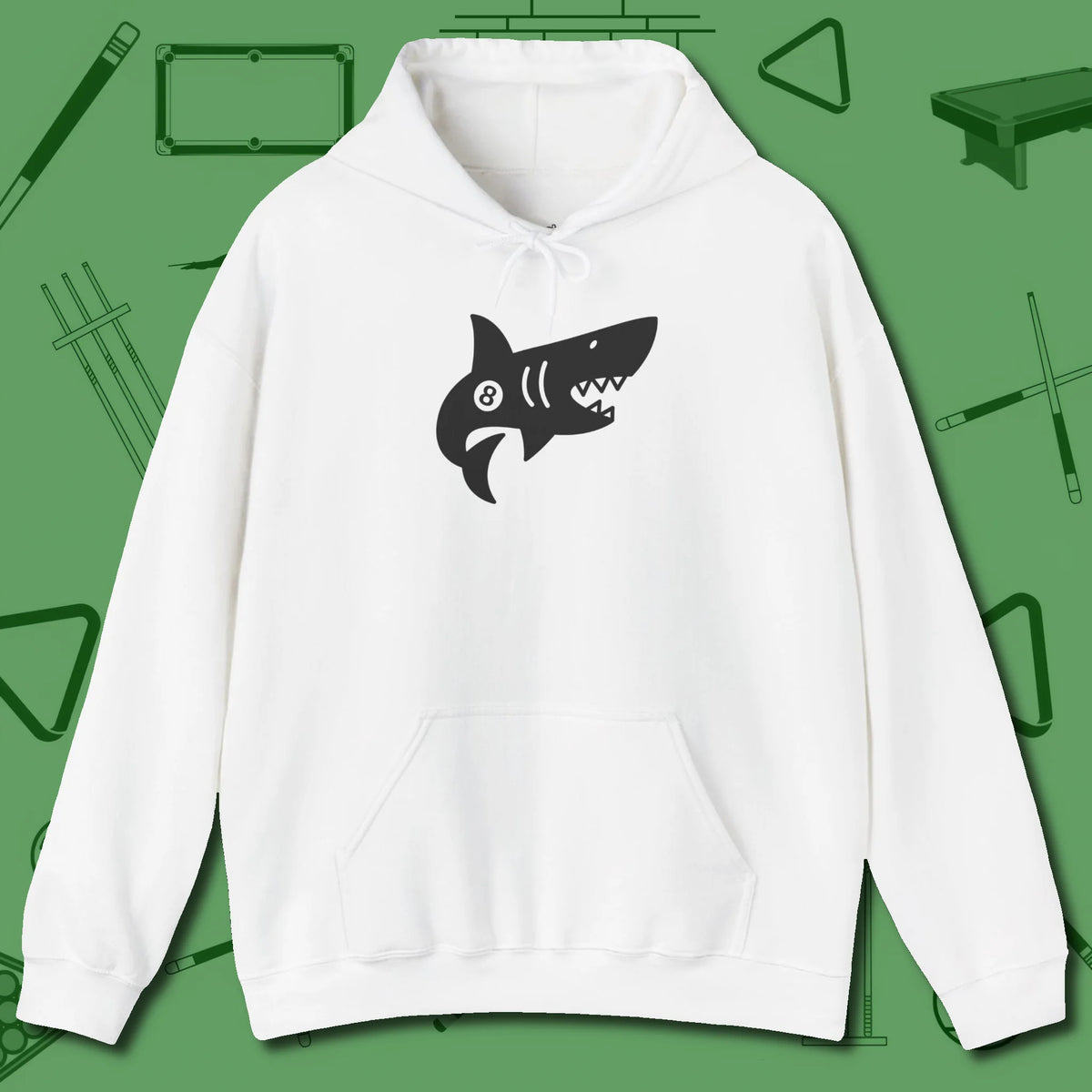 Eight Ball Shark Hoodie, front view, in White like your stroke — smooth and deliberate