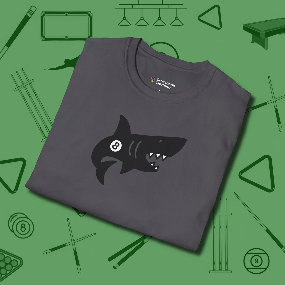 Eight Ball Shark T-Shirt, folded view, in Charcoal like your stroke — smooth and deliberate