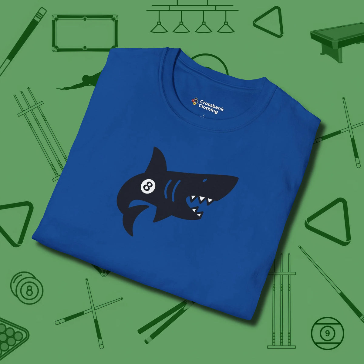 Eight Ball Shark T-Shirt, folded view, in Royal because you don’t just play — you represent