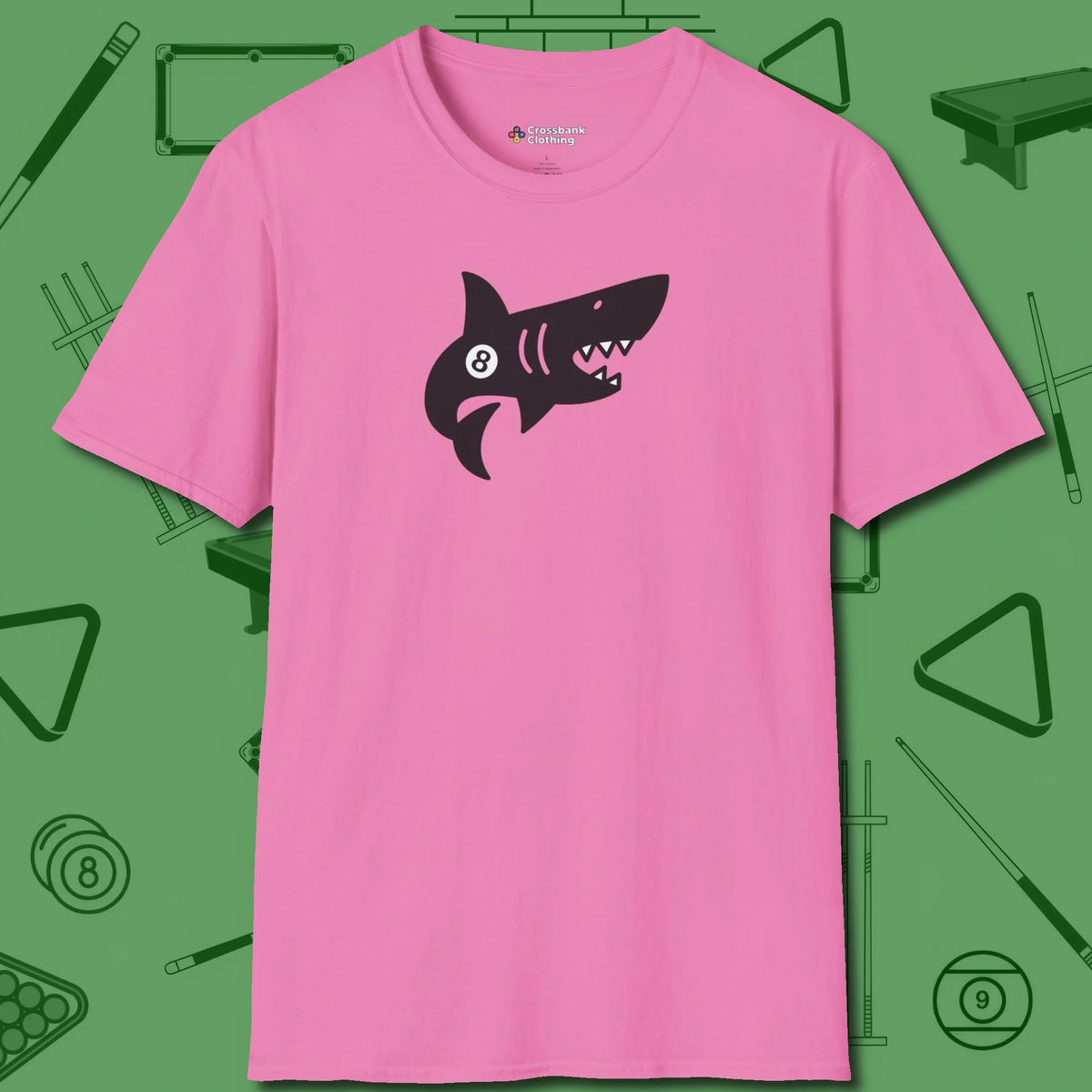 Eight Ball Shark T-Shirt, front view, in Azalea table-tested, street-approved style