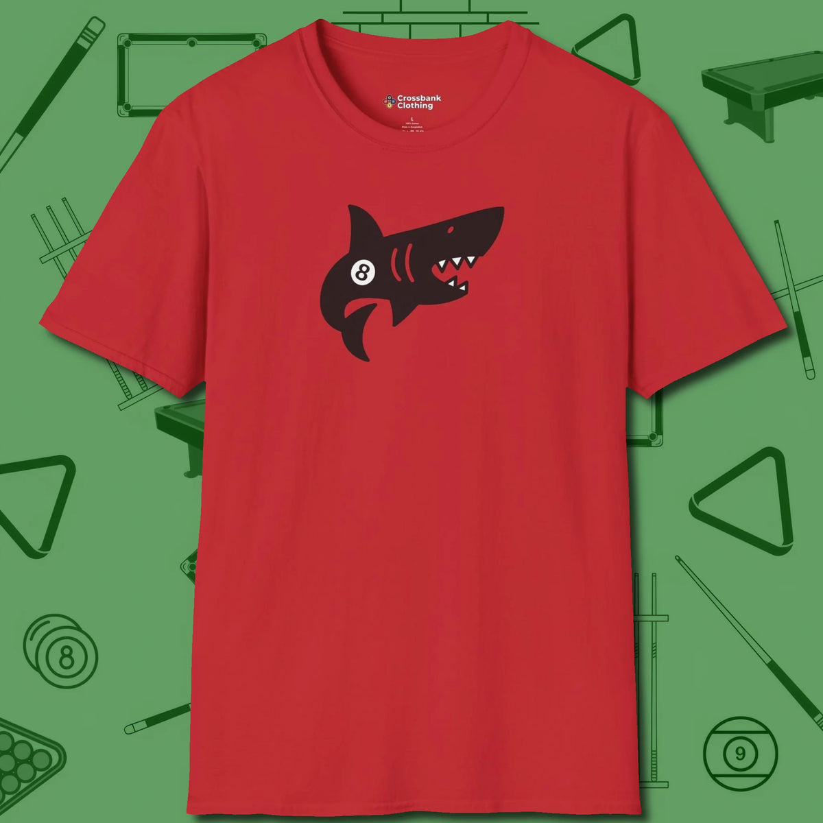Eight Ball Shark T-Shirt, front view, in Red poolroom style with tournament attitude