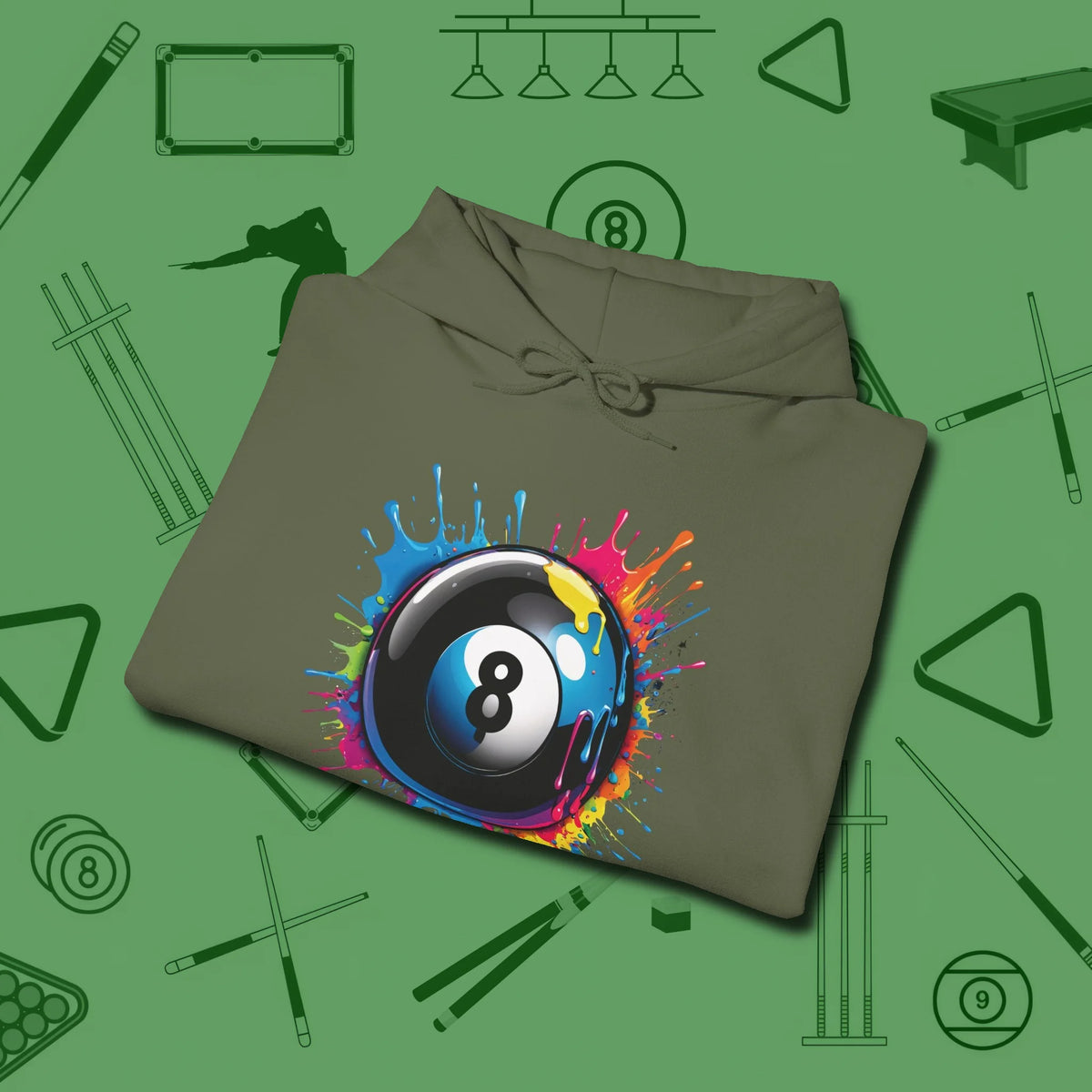 Eight Ball Paint Splash Hoodie, folded view, in Military Green built for bold breaks and quiet confidence
