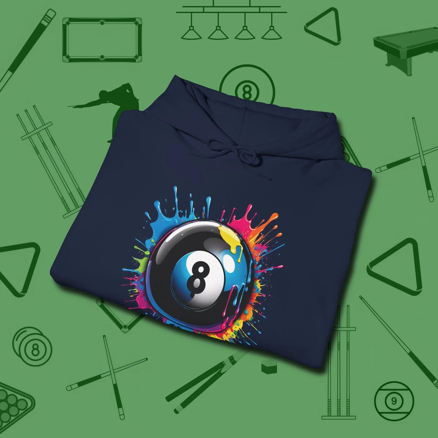 Eight Ball Paint Splash Hoodie, folded view, in Navy table-tested, street-approved style
