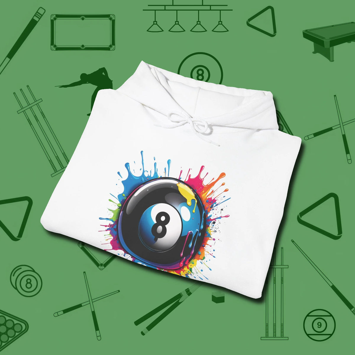 Eight Ball Paint Splash Hoodie, folded view, in White a clean fit for the dirtiest safeties