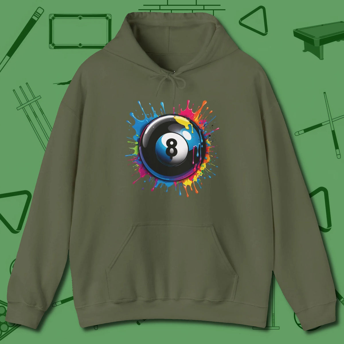 Eight Ball Paint Splash Hoodie, front view, in Military Green it’s not a hobby — it’s a lifestyle