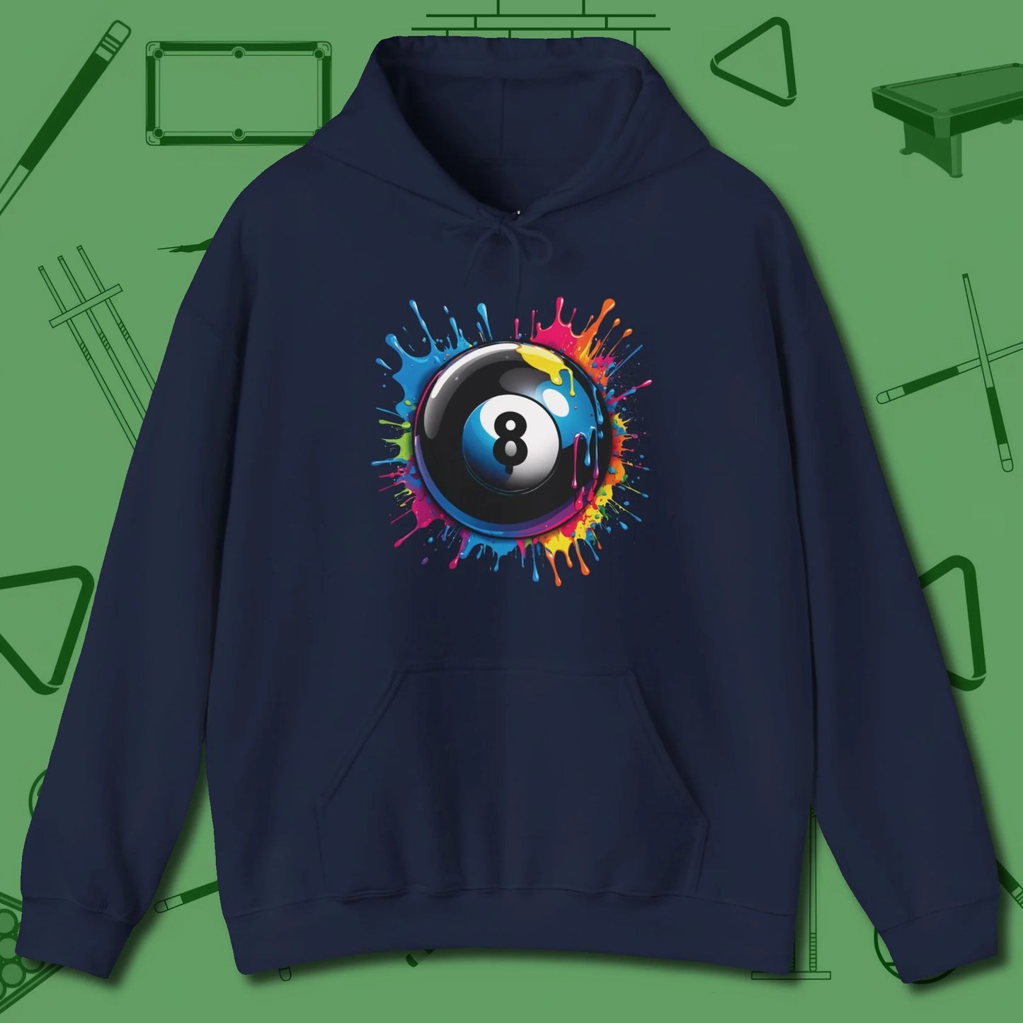 Eight Ball Paint Splash Hoodie, front view, in Navy an extension of your pool persona