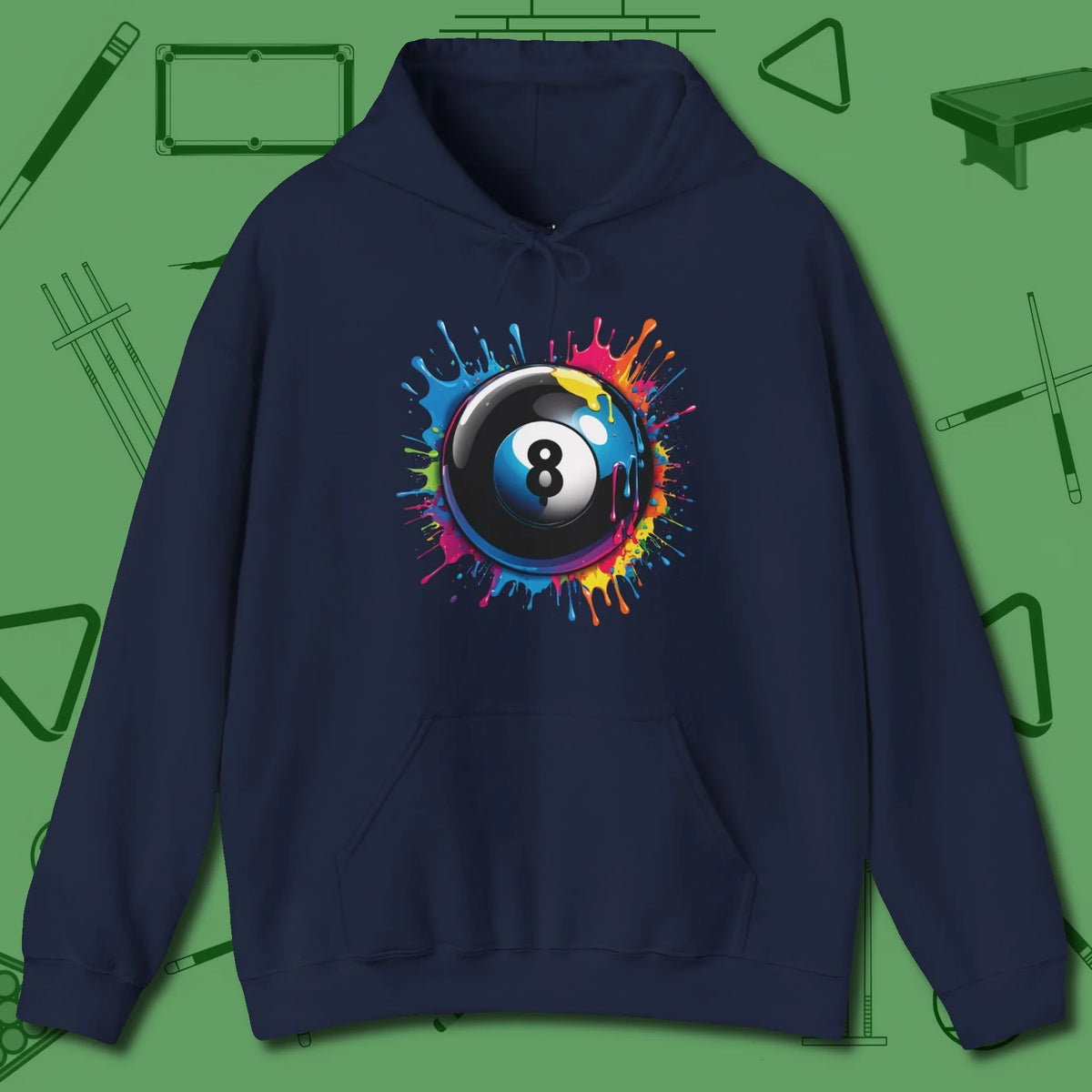 Eight Ball Paint Splash Hoodie, front view, in Navy an extension of your pool persona