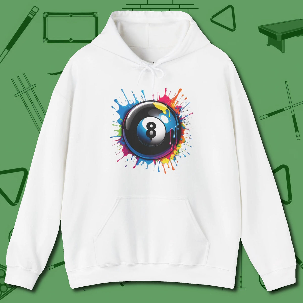 Eight Ball Paint Splash Hoodie, front view, in White confidence stitched in every seam