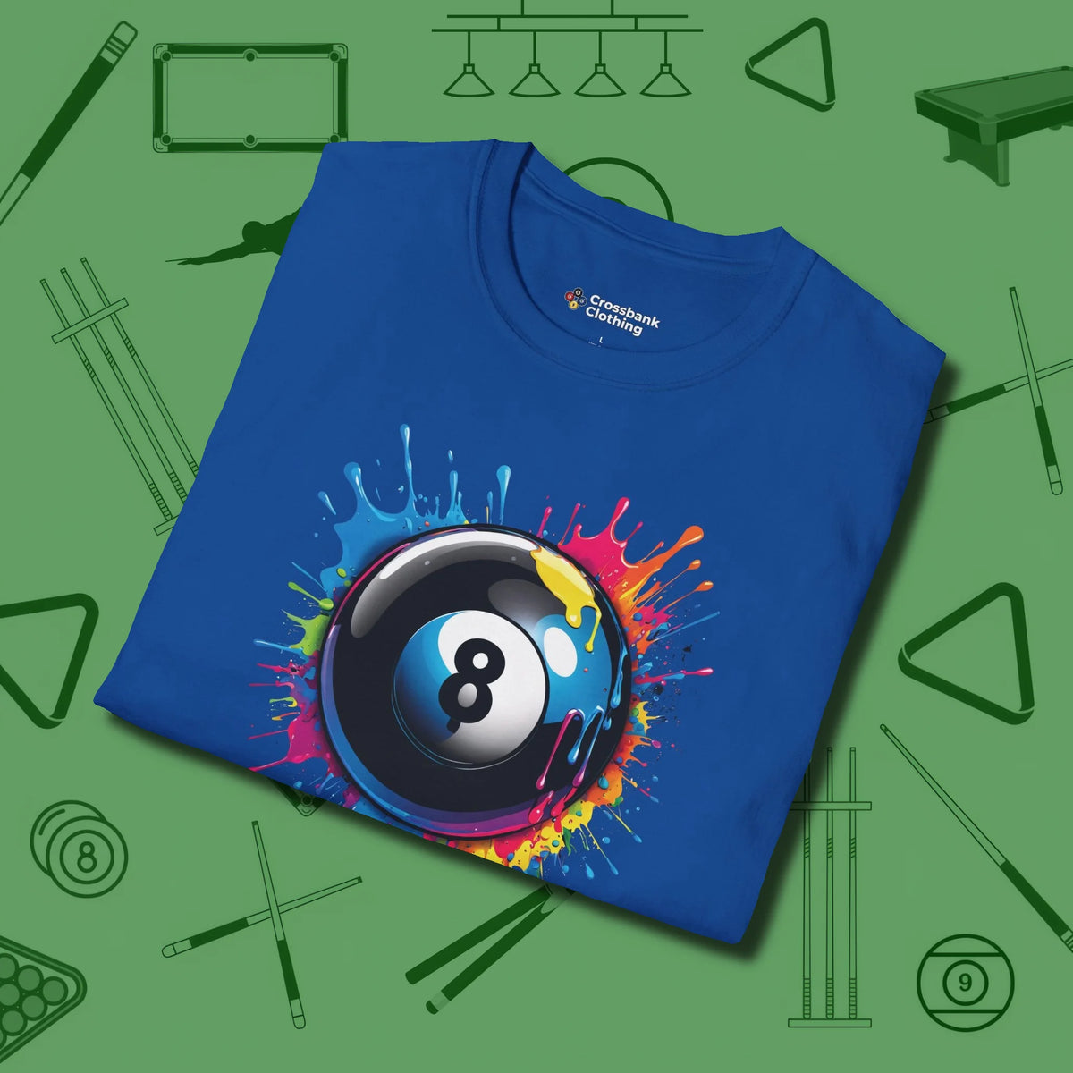Eight Ball Paint Splash T-Shirt, folded view, in Royal table-tested, street-approved style