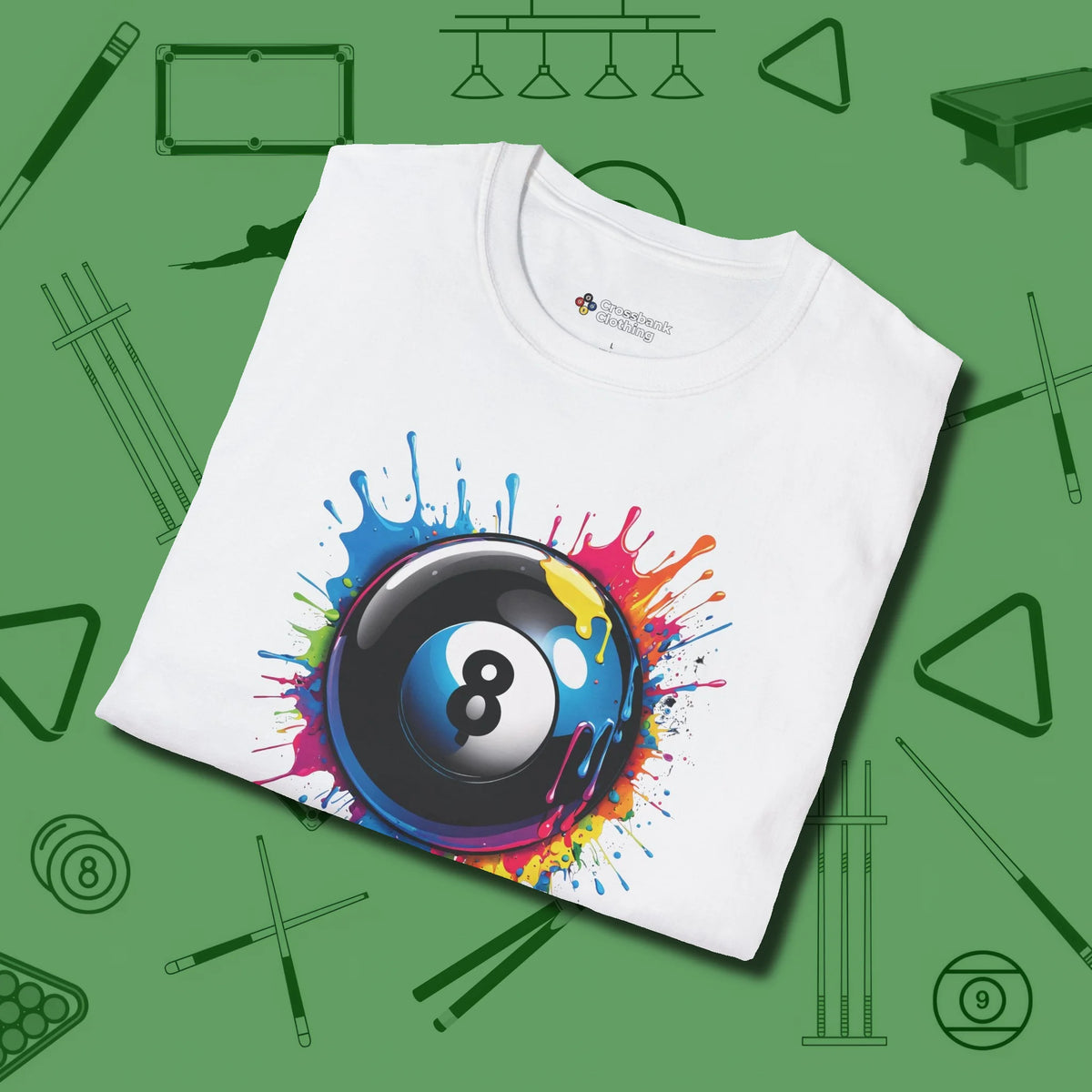 Eight Ball Paint Splash T-Shirt, folded view, in White subtle drip for serious shooters