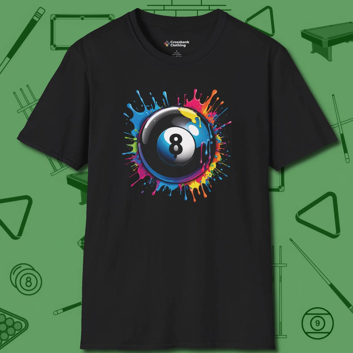 Eight Ball Paint Splash T-Shirt, front view, in Black precise, confident, always in control