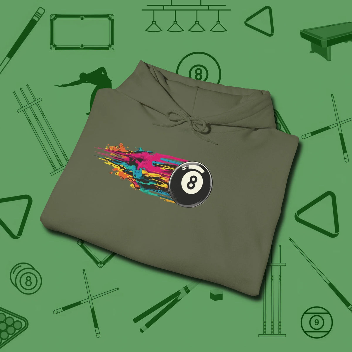 Eight Ball Streak Billiards Hoodie, folded view, in Military Green designed for dead stroke and deadpan looks