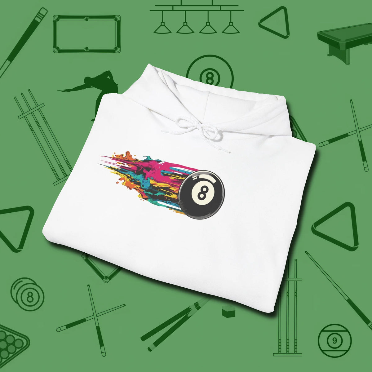 Eight Ball Streak Billiards Hoodie, folded view, in White fashion with break-and-run energy