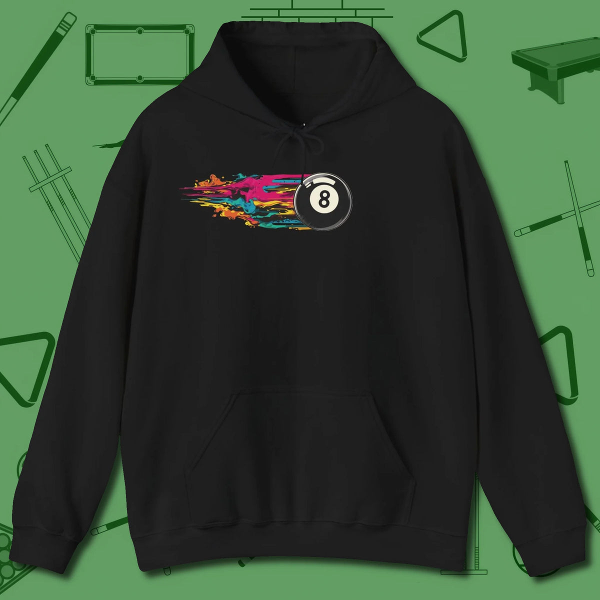 Eight Ball Streak Billiards Hoodie, front view, in Black from chalk to clutch, look the part
