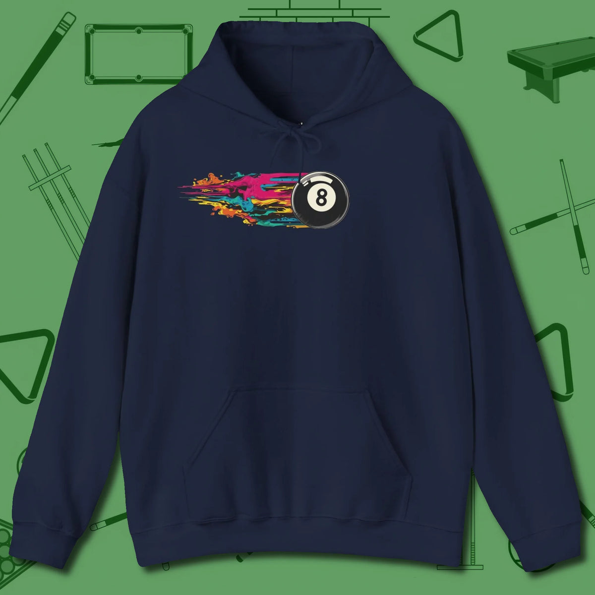 Eight Ball Streak Billiards Hoodie, front view, in Navy helps your stroke and your style