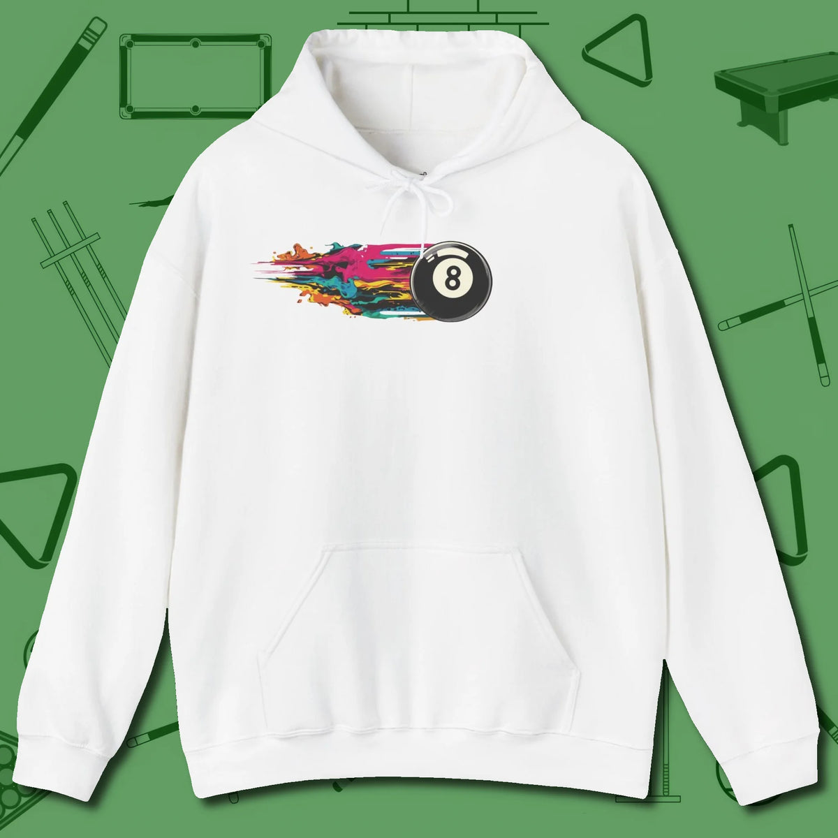 Eight Ball Streak Billiards Hoodie, front view, in White helps your stroke and your style