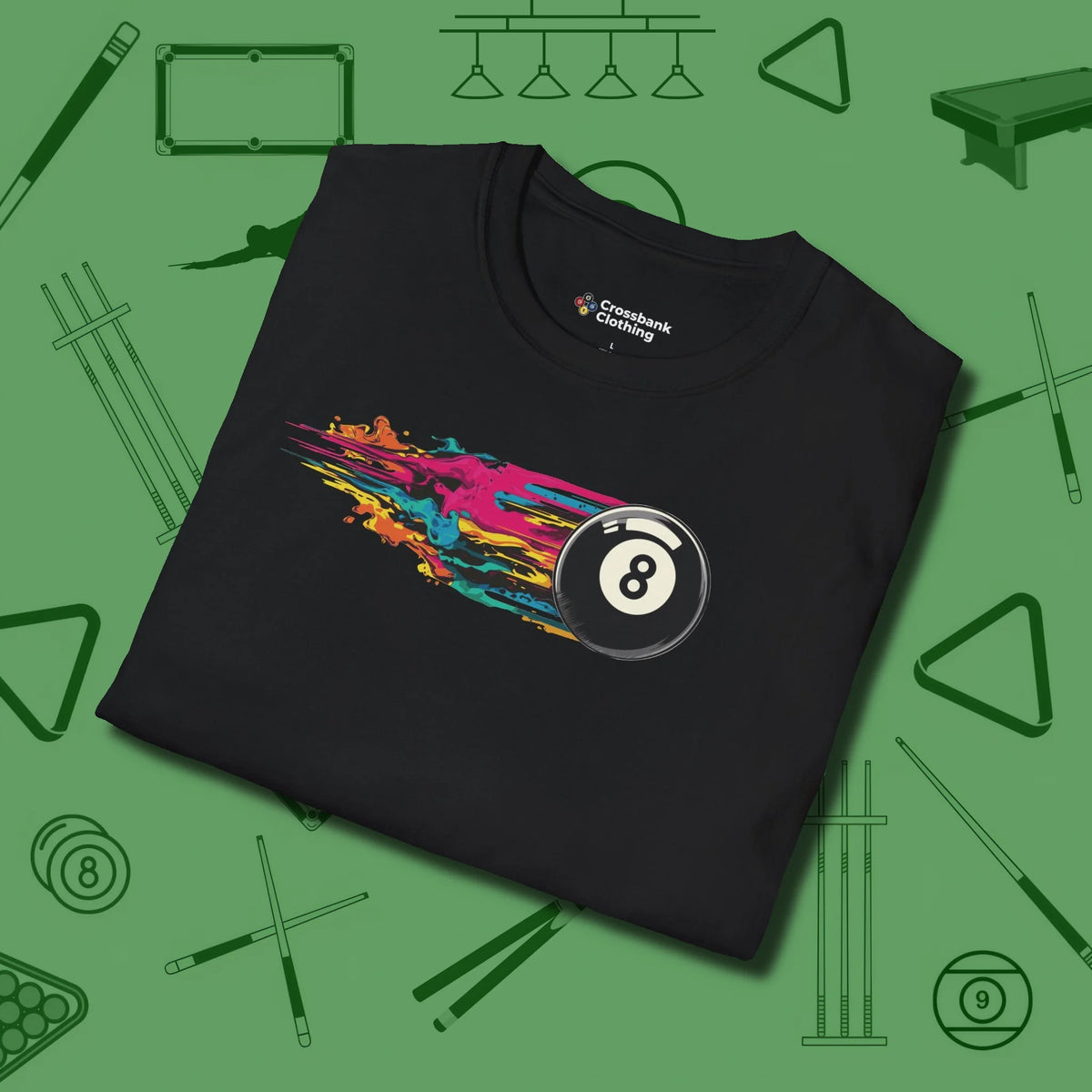 Eight Ball Streak T-Shirt, folded view, in Black cue sports swagger done right