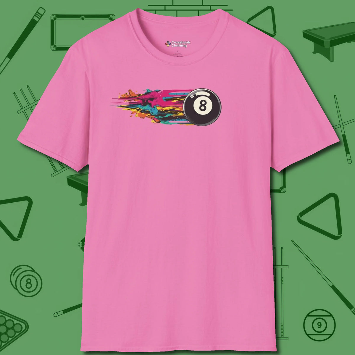 Eight Ball Streak T-Shirt, front view, in Azalea it’s not a hobby — it’s a lifestyle