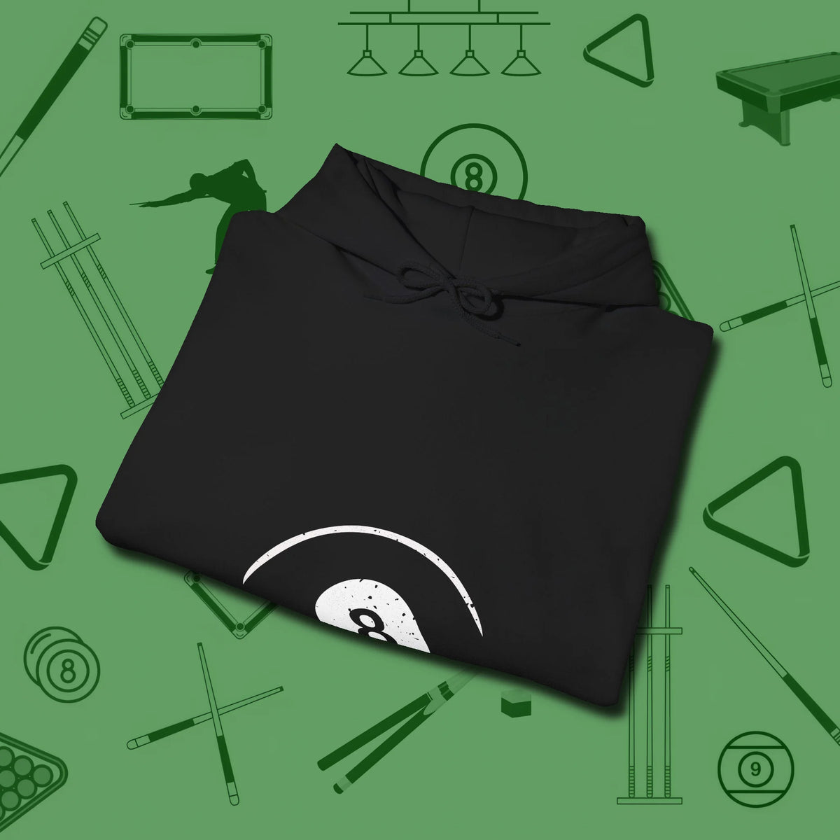 Eight Ball Tummy Hoodie, folded view, in Black designed for dead stroke and deadpan looks