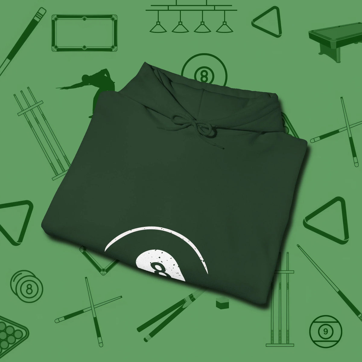 Eight Ball Tummy Hoodie, folded view, in Forest Green designed for dead stroke and deadpan looks