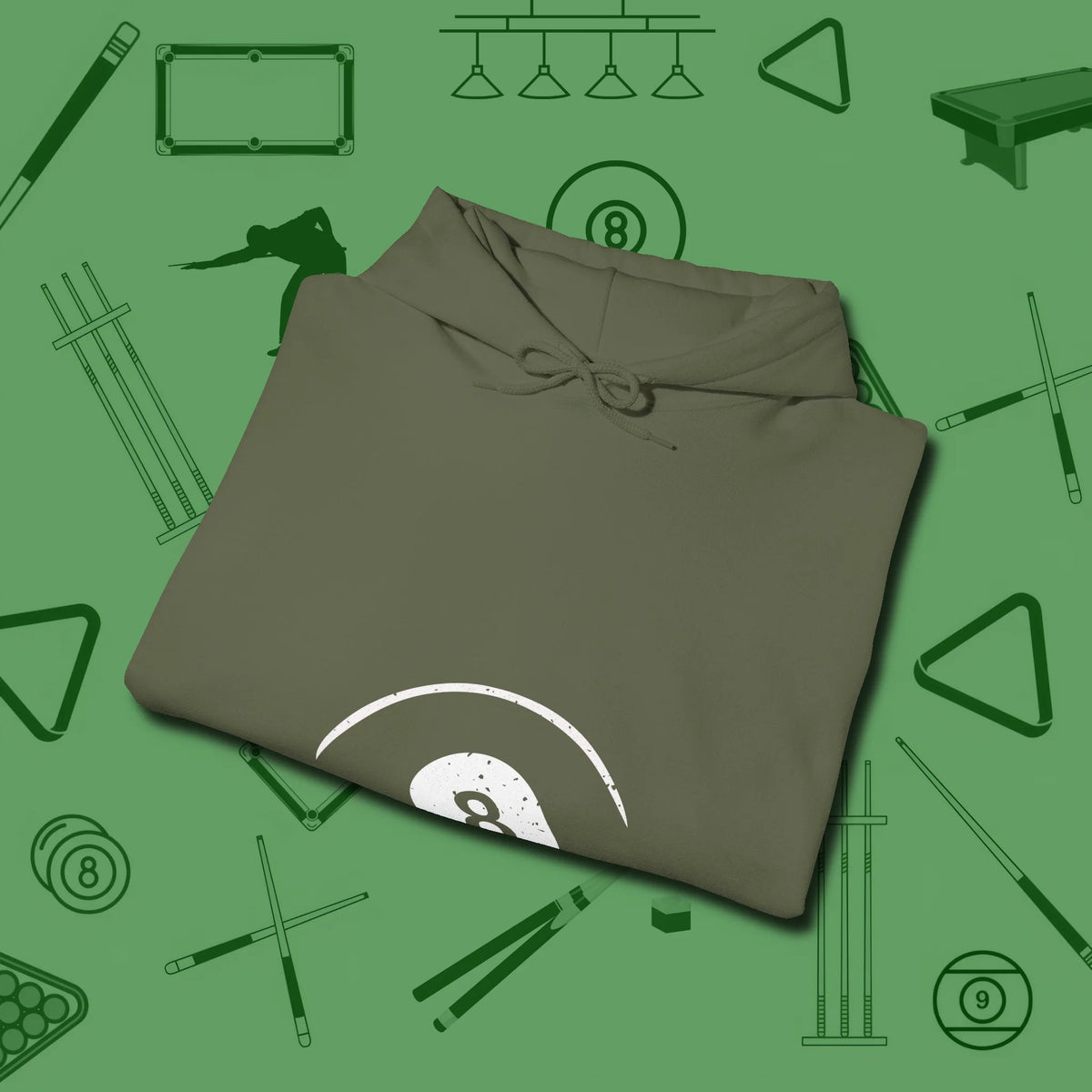 Eight Ball Tummy Hoodie, folded view, in Military Green smart enough for the felt and the street