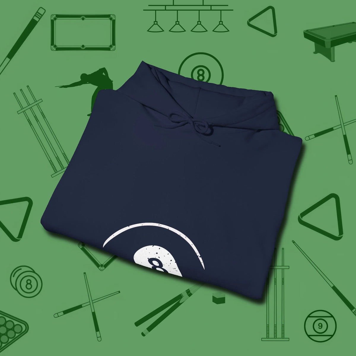 Eight Ball Tummy Hoodie, folded view, in Navy designed for dead stroke and deadpan looks