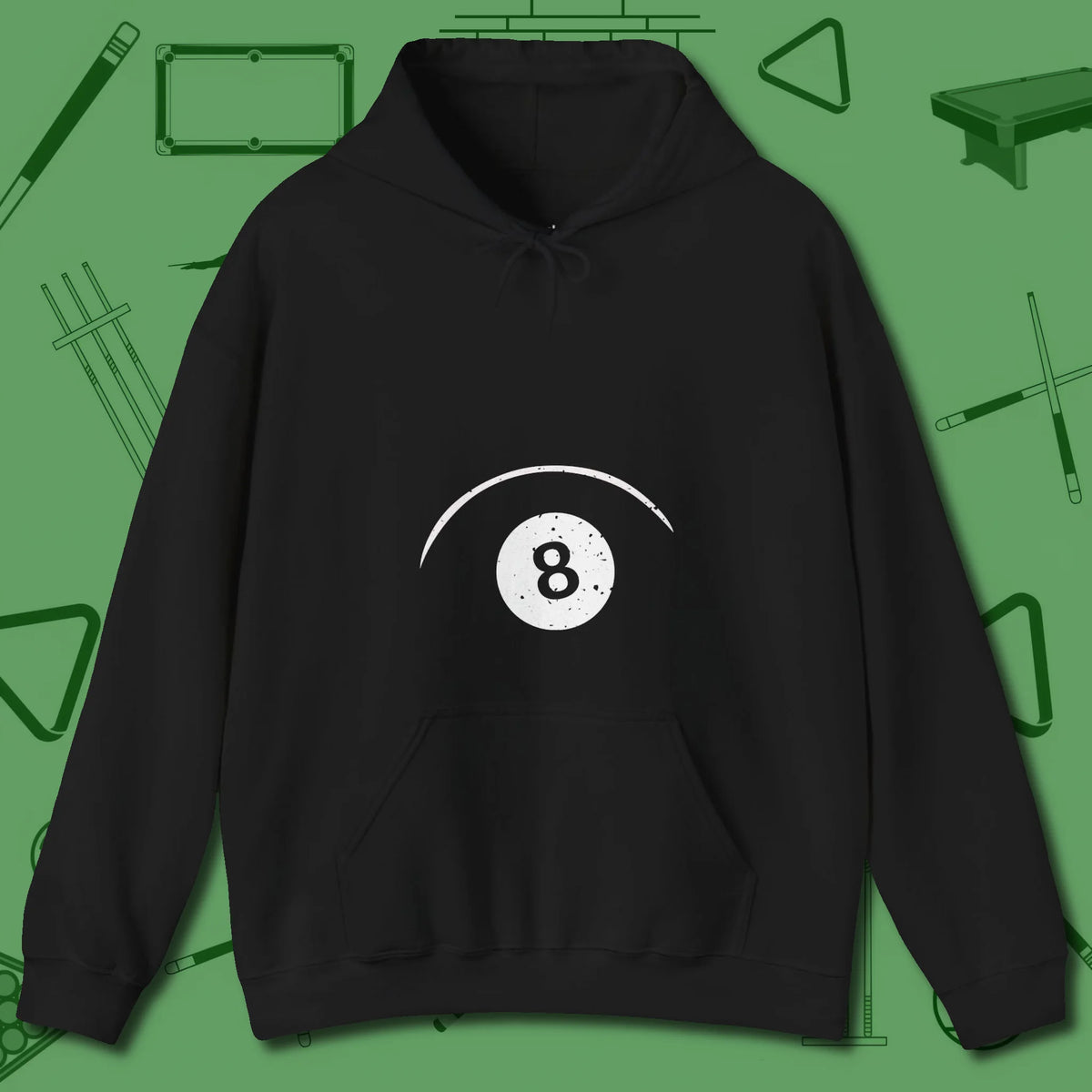 Eight Ball Tummy Hoodie, front view, in Black smart enough for the felt and the street