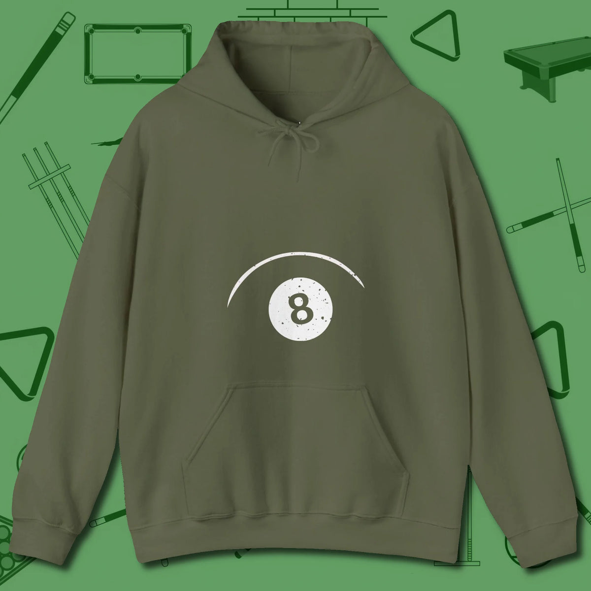 Eight Ball Tummy Hoodie, front view, in Military Green confidence stitched in every seam