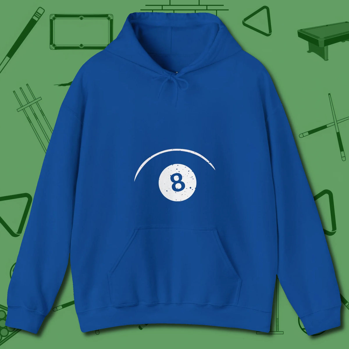 Eight Ball Tummy Hoodie, front view, in Royal where style and cue discipline collide
