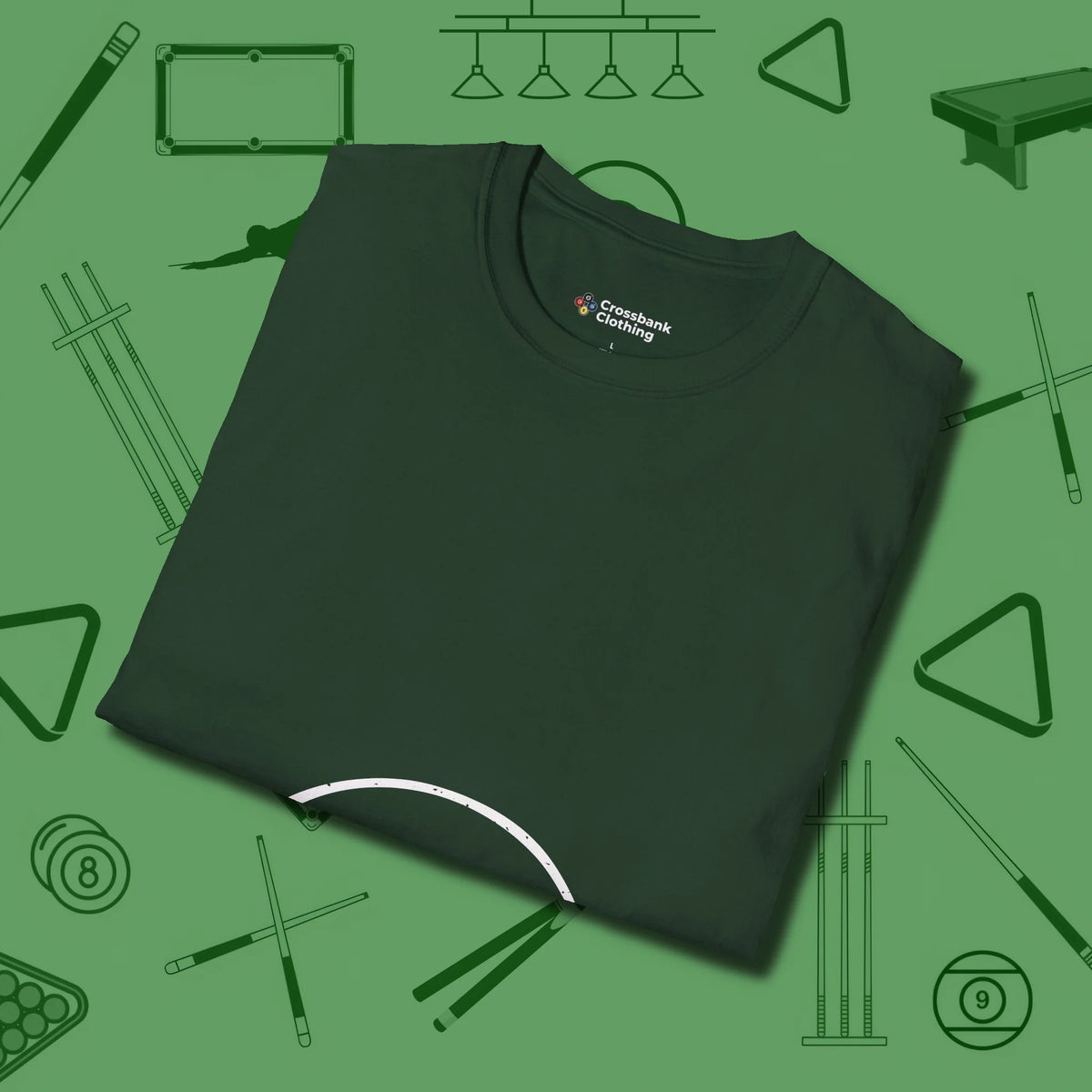 Eight Ball Tummy T-Shirt, folded view, in Forest Green poolroom style with tournament attitude