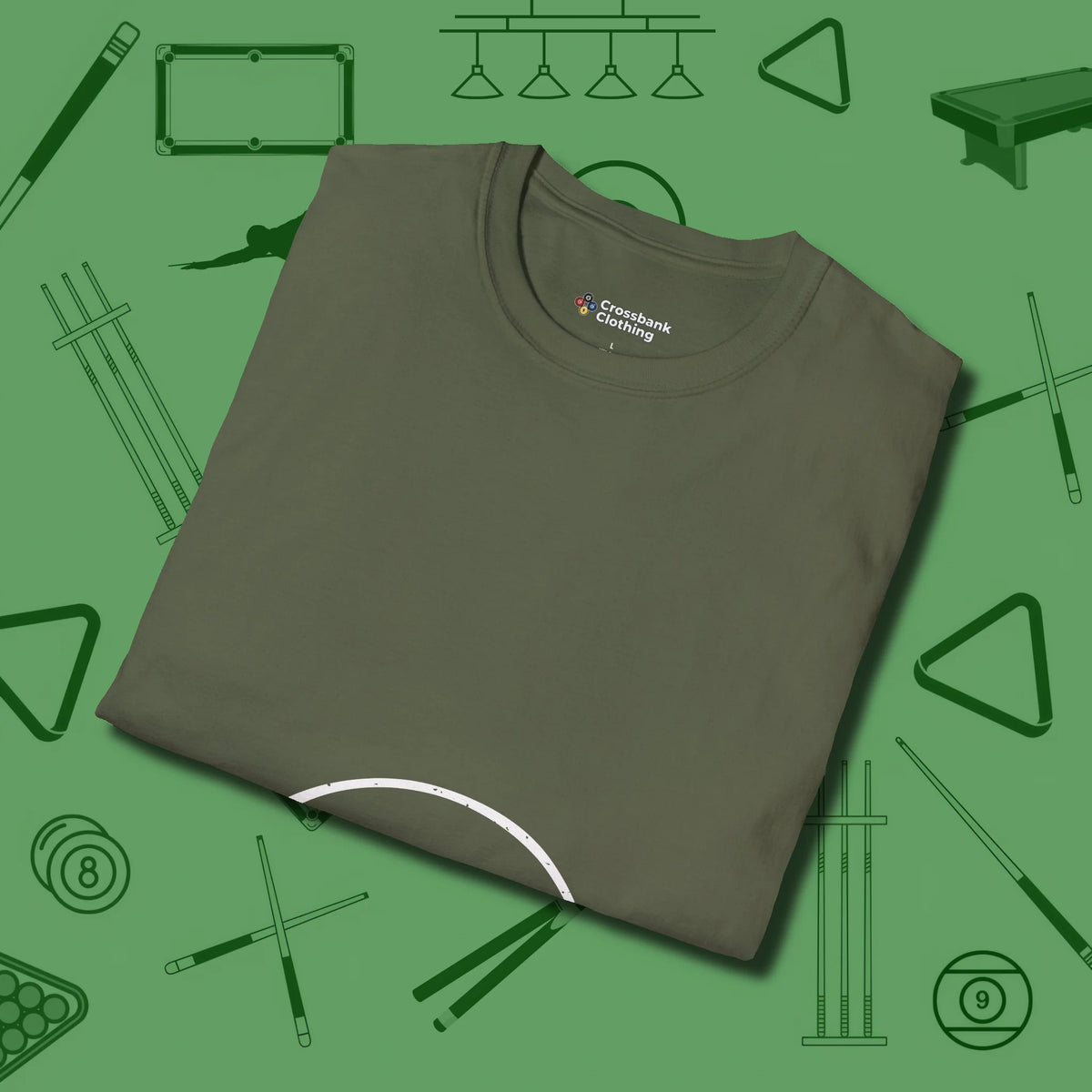 Eight Ball Tummy T-Shirt, folded view, in Military Green tough like your favorite break cue