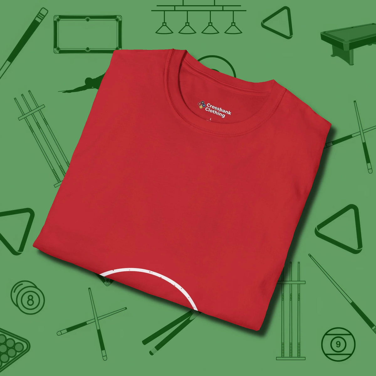 Eight Ball Tummy T-Shirt, folded view, in Red made for pool sharks, not posers