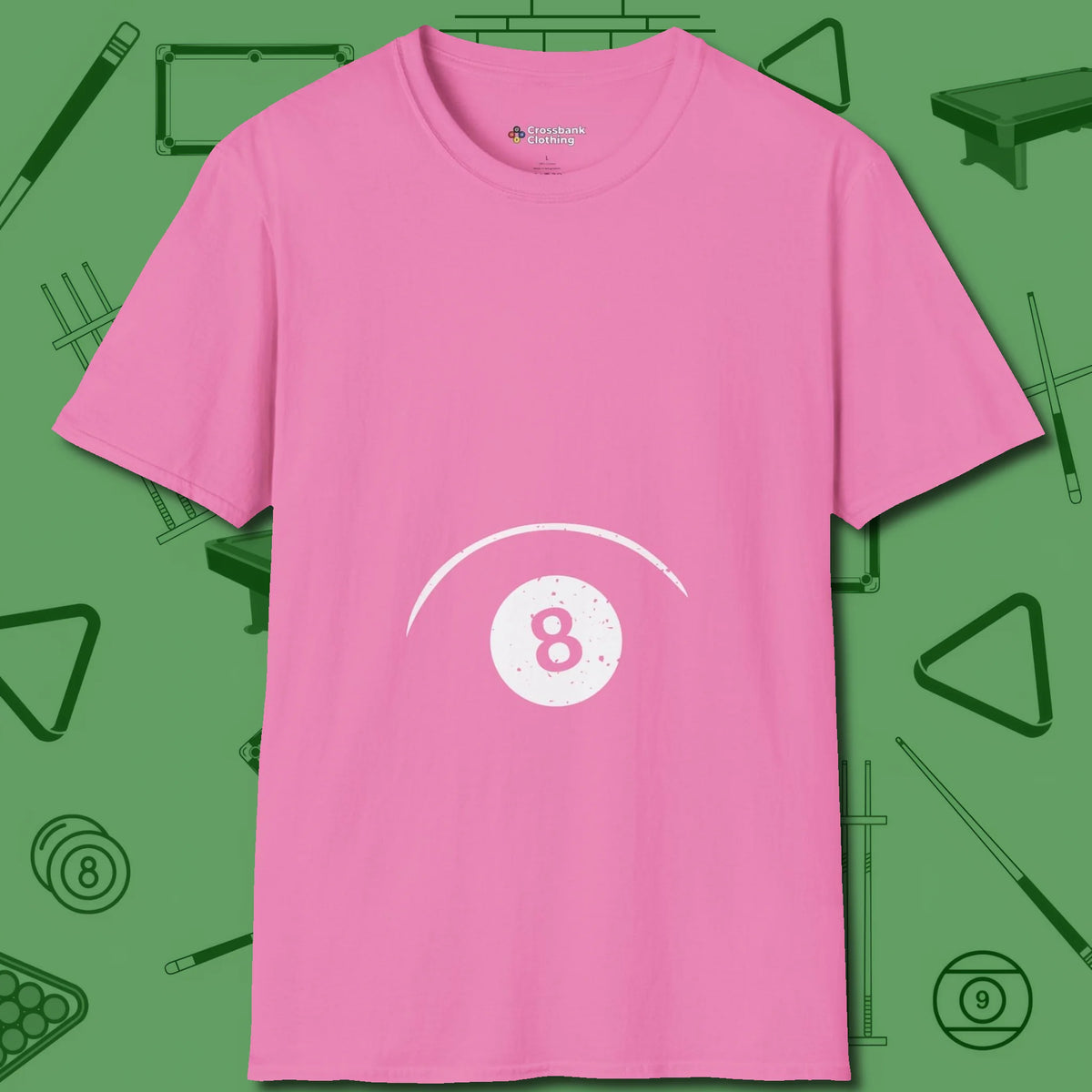 Eight Ball Tummy T-Shirt, front view, in Azalea clean lines for dirty minds