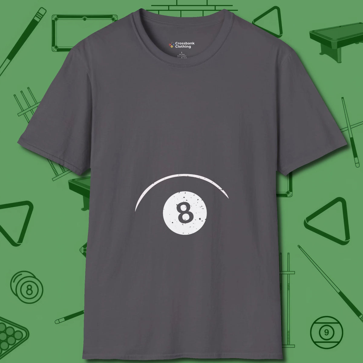 Eight Ball Tummy T-Shirt, front view, in Charcoal for hustlers who keep it honest