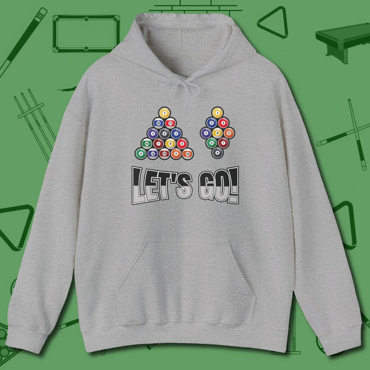 Eight & Nine Ball Let's Go Hoodie, front view, in Sport Grey the official uniform of the after-hours crew