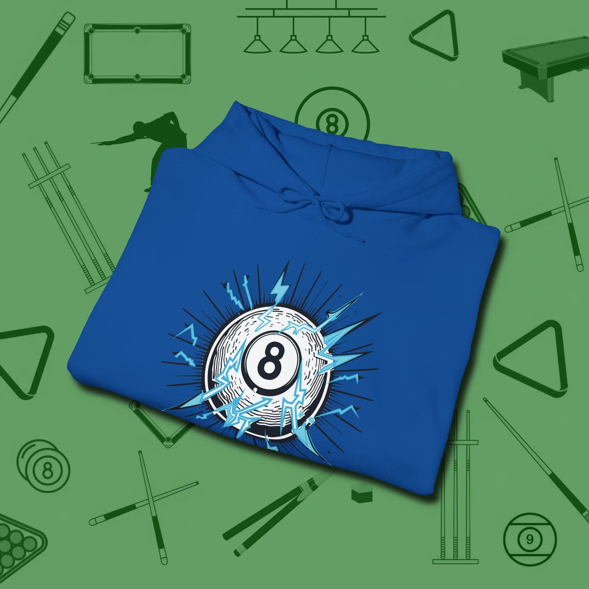 Electric Charge Eight Ball Hoodie, folded view, in Royal break, run out, turn heads — repeat
