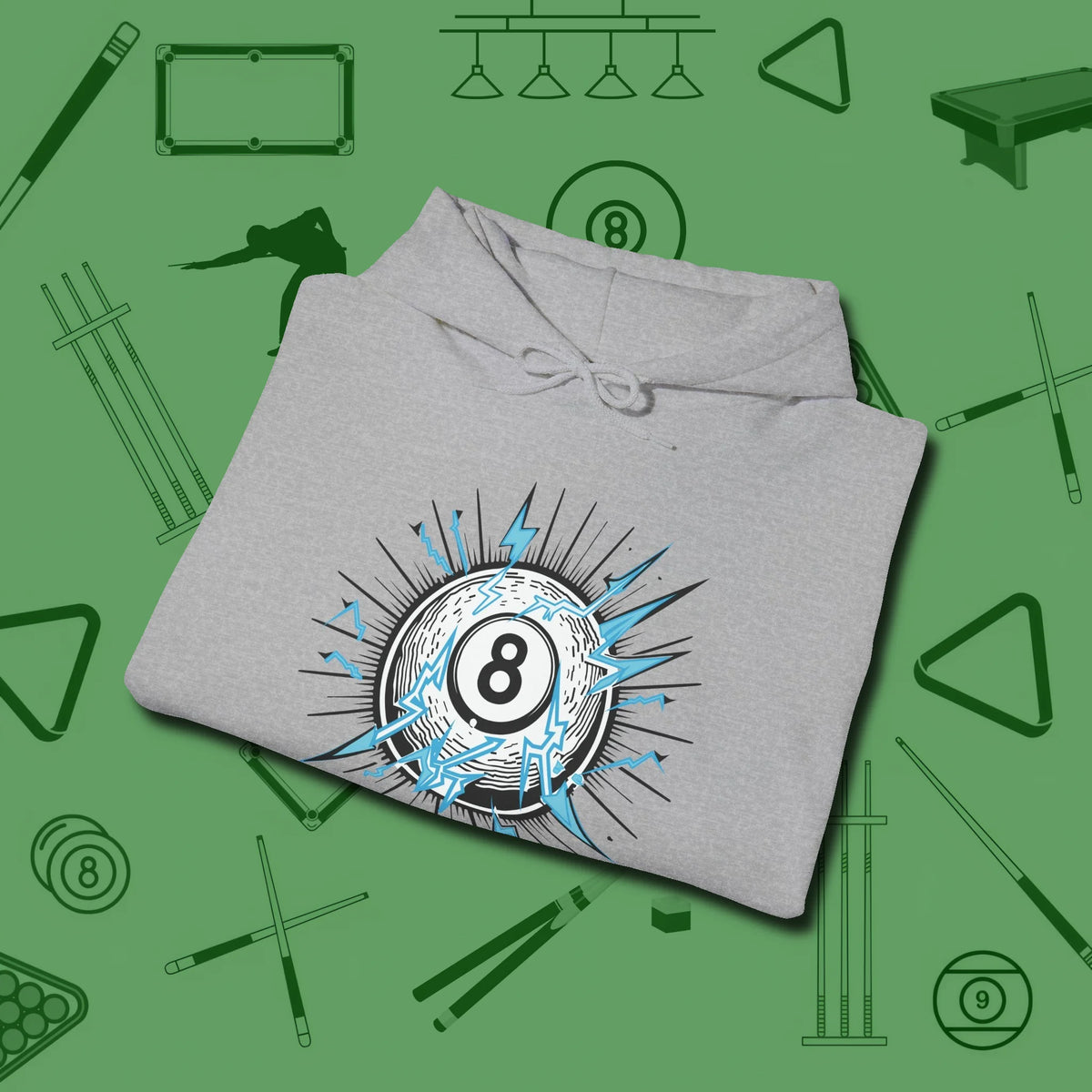 Electric Charge Eight Ball Hoodie, folded view, in Sport Grey stitched for cue discipline and cool confidence