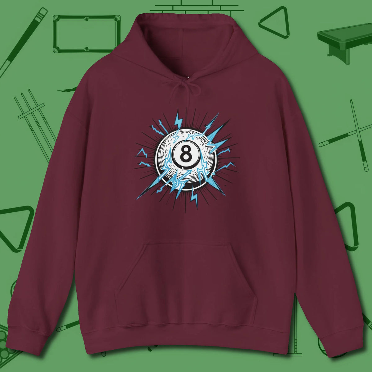 Electric Charge Eight Ball Hoodie, front view, in Maroon for players who live the game