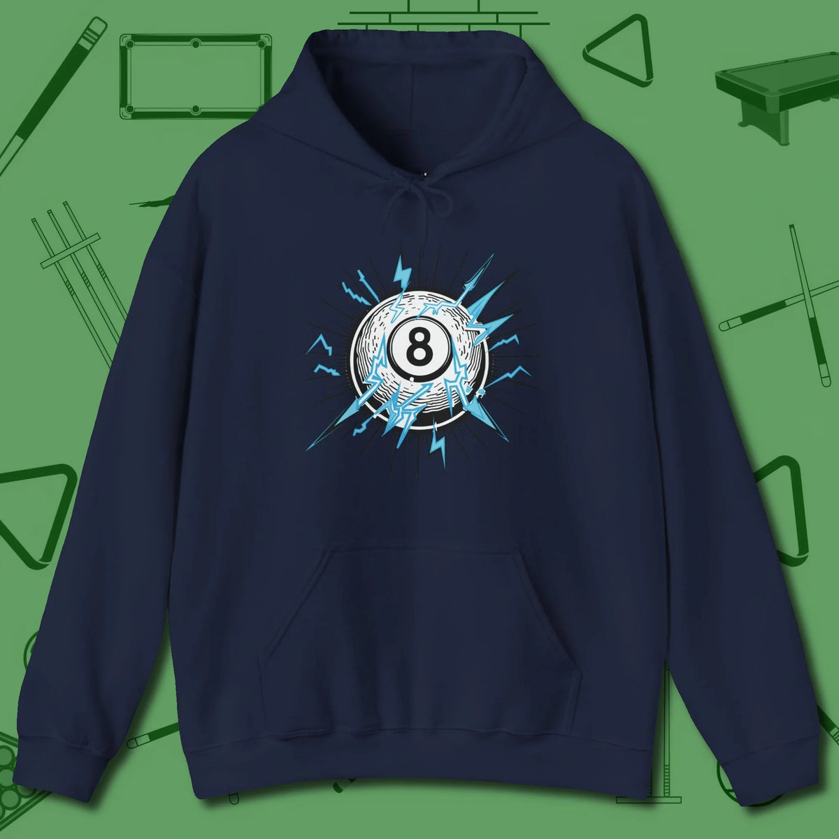 Electric Charge Eight Ball Hoodie, front view, in Navy it’s not a hobby — it’s a lifestyle