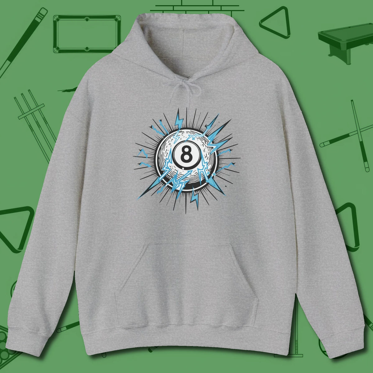 Electric Charge Eight Ball Hoodie, front view, in Sport Grey make every shot — and outfit — count