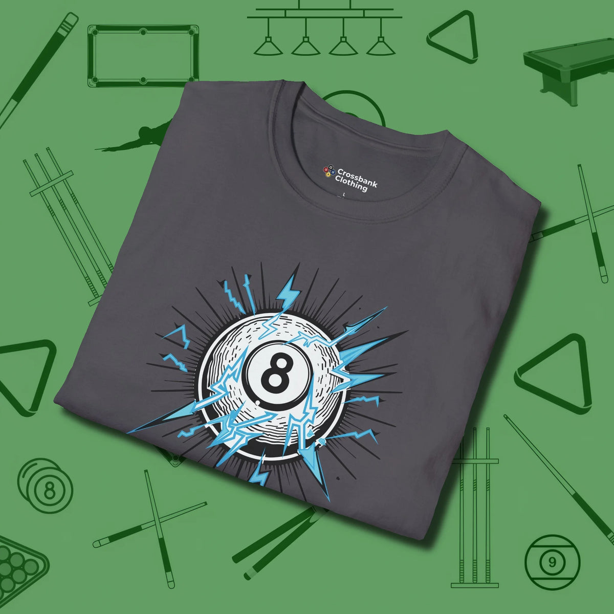 Electric Charge Eight Ball T-Shirt, folded view, in Charcoal for hustlers who keep it honest