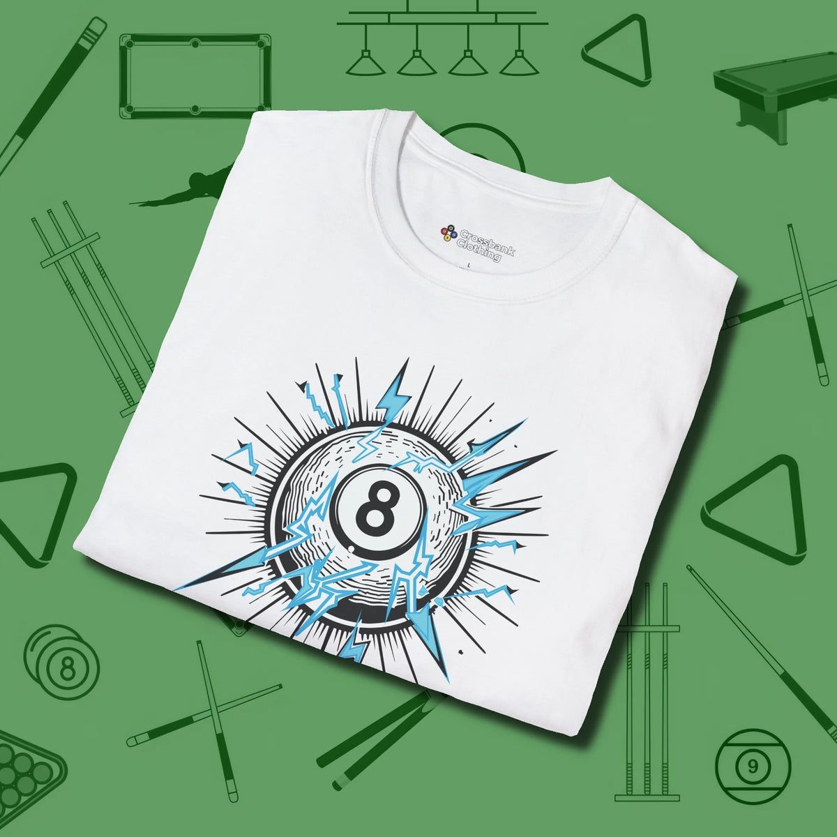 Electric Charge Eight Ball T-Shirt, folded view, in White as serious as your stroke
