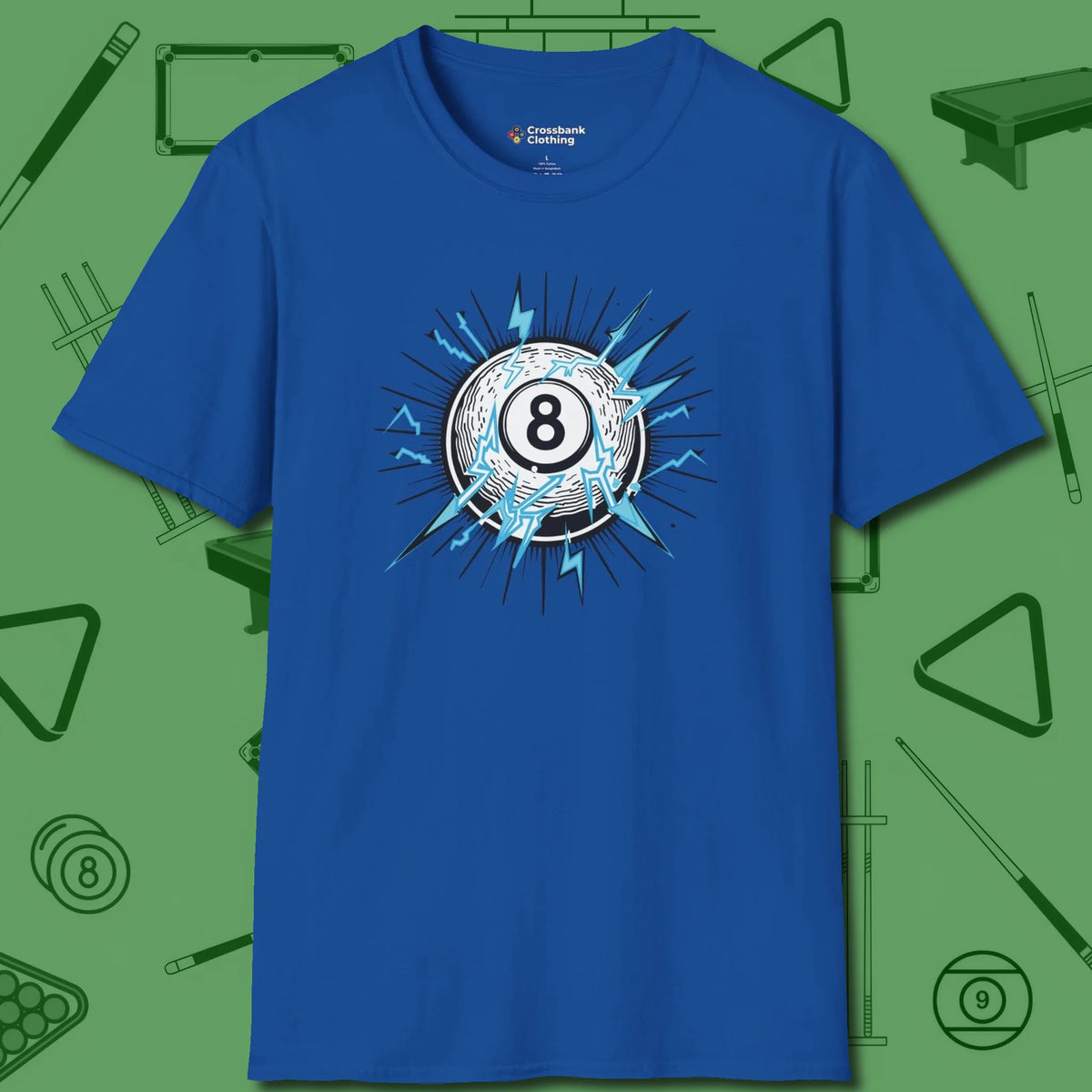 Electric Charge Eight Ball T-Shirt, front view, in Royal because the table is your battlefield